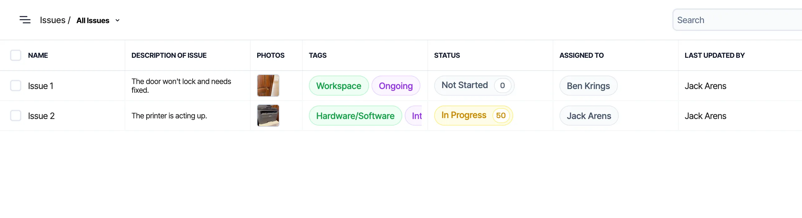 Issues table example